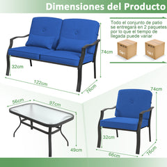 Conjunto de Muebles Exterior de 4 Piezas con 2 Sillas Individual Silla de 2 Plazas Mesa de Vidrio Templado para Jardín Balcón Terraza Azul