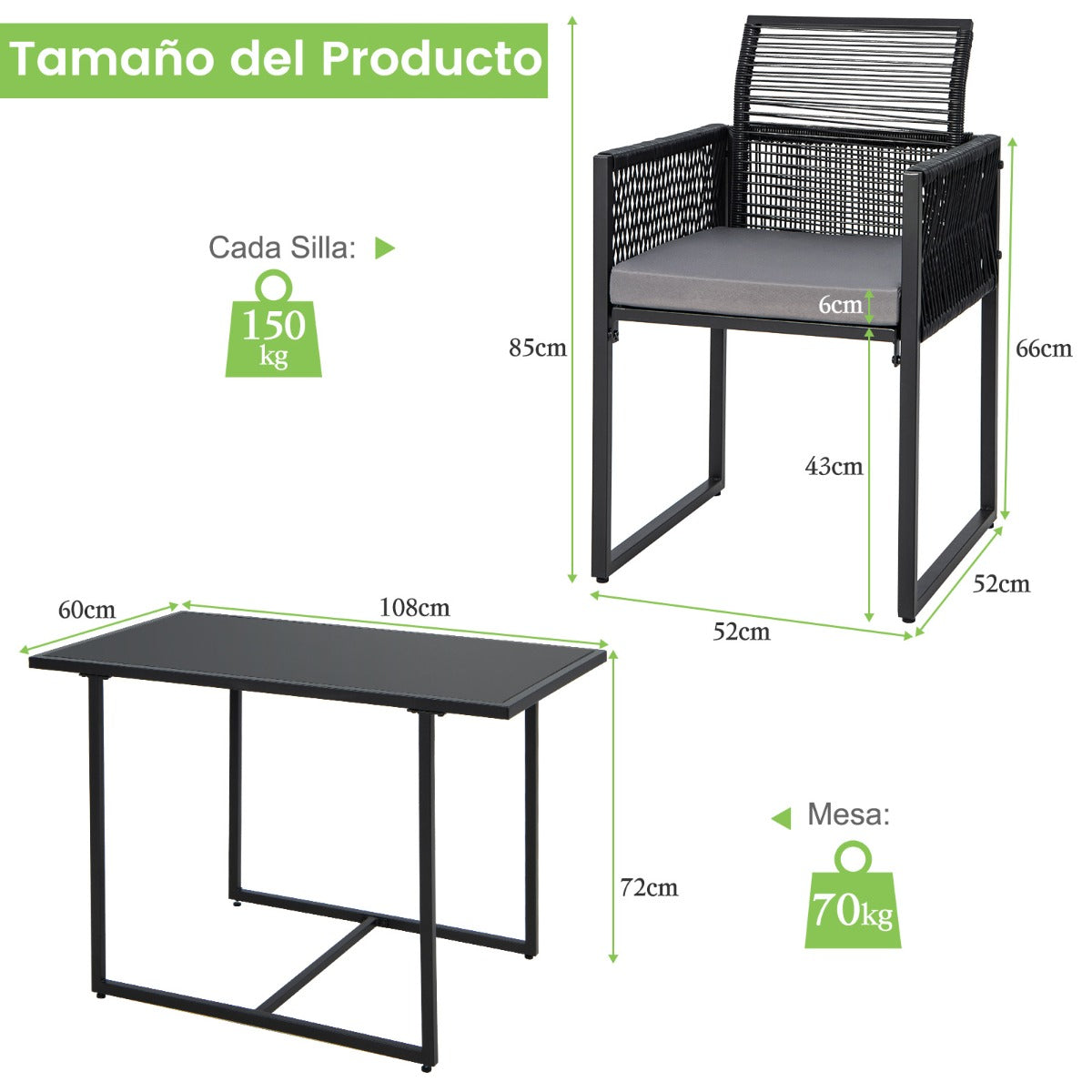 Conjunto de Muebles de Ratán PE para Patio con Respaldo Plegable y Cojines Cómodos Negro