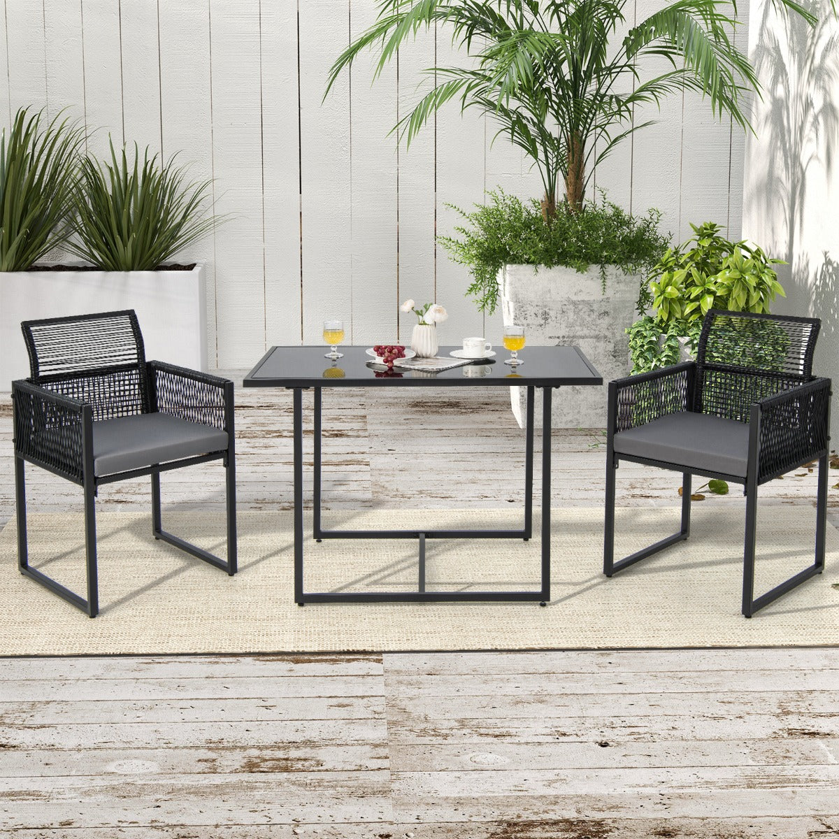 Conjunto de Muebles de Ratán PE para Patio con Respaldo Plegable y Cojines Cómodos Negro