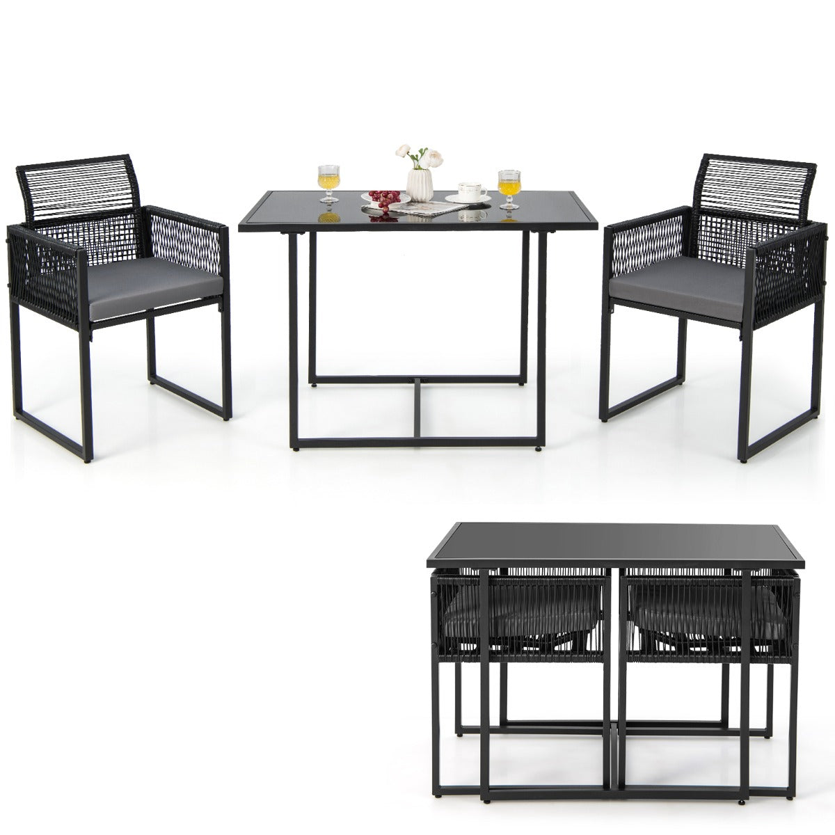 Conjunto de Muebles de Ratán PE para Patio con Respaldo Plegable y Cojines Cómodos Negro