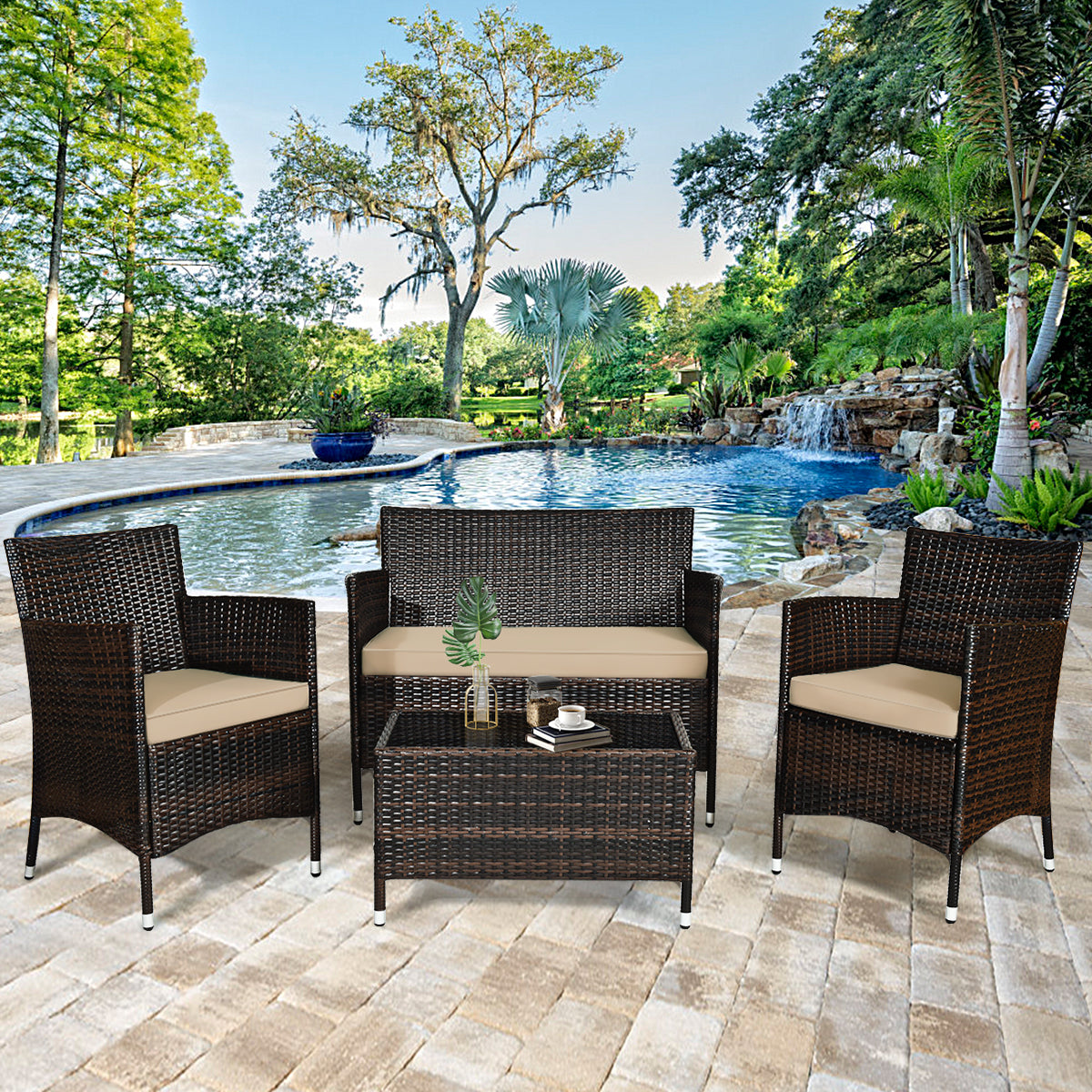Conjunto de Muebles al Aire Libre de 4 Piezas de Ratán PE con Mesa de Café y Cojines Extraíbles para Jardín Piscina y Patio Mezclado Negro