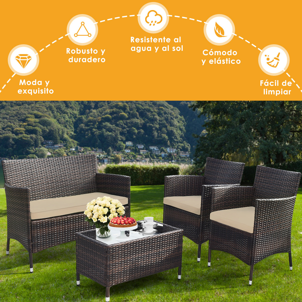 Conjunto de Muebles al Aire Libre de 4 Piezas de Ratán PE con Mesa de Café y Cojines Extraíbles para Jardín Piscina y Patio Mezclado Negro