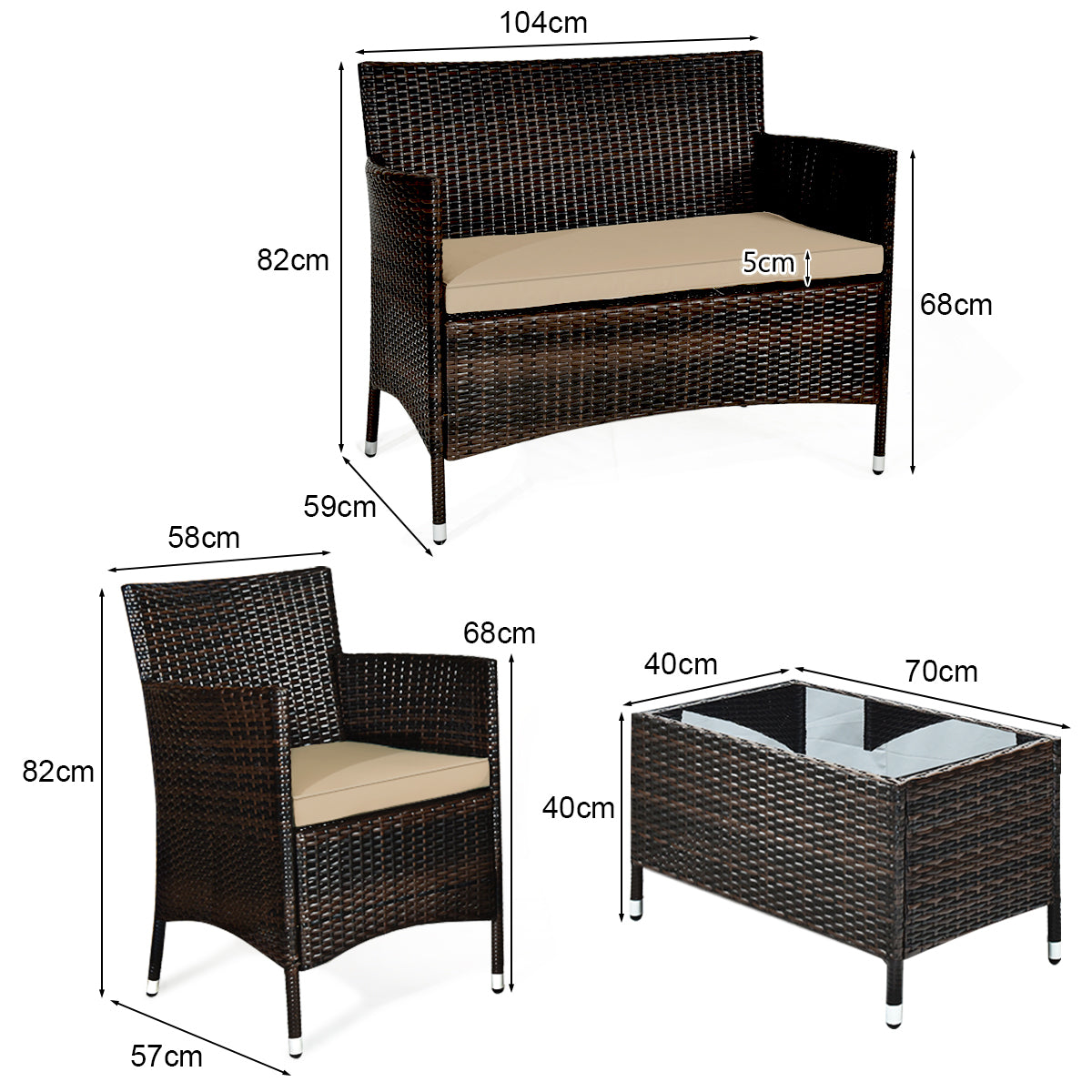Conjunto de Muebles al Aire Libre de 4 Piezas de Ratán PE con Mesa de Café y Cojines Extraíbles para Jardín Piscina y Patio Mezclado Negro