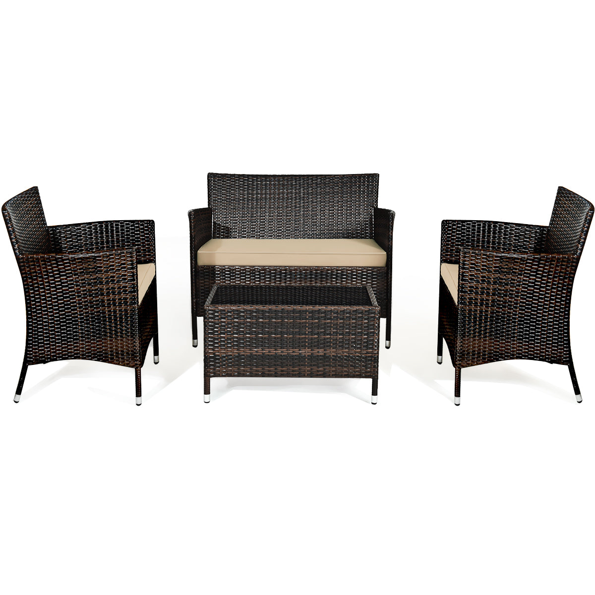 Conjunto de Muebles al Aire Libre de 4 Piezas de Ratán PE con Mesa de Café y Cojines Extraíbles para Jardín Piscina y Patio Mezclado Negro