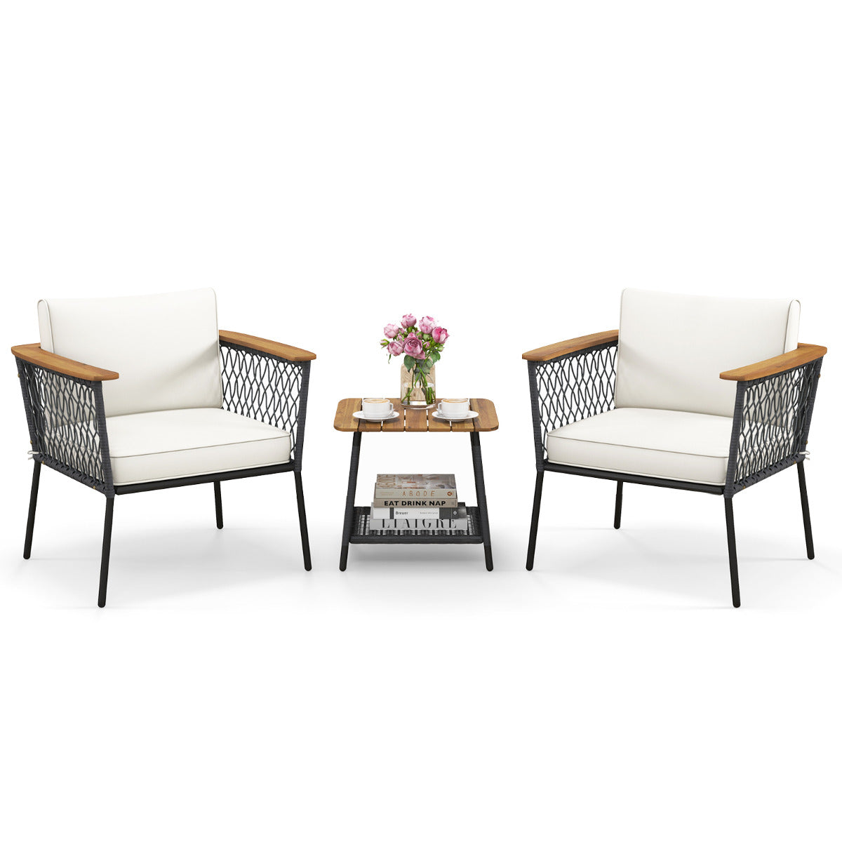 Conjunto de Muebles de Patio de 3 Piezas 2 Sillas de Ratán con Mesa de Café Tablero de Madera Acacia Cojines para Exterior Jardín Blanco