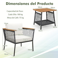 Conjunto de Muebles de Patio de 3 Piezas 2 Sillas de Ratán con Mesa de Café Tablero de Madera Acacia Cojines para Exterior Jardín Blanco