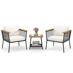 Conjunto de Muebles de Patio de 3 Piezas 2 Sillas de Ratán con Mesa de Café Tablero de Madera Acacia Cojines para Exterior Jardín Blanco