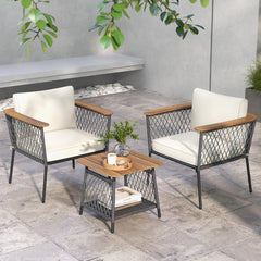 Conjunto de Muebles de Patio de 3 Piezas 2 Sillas de Ratán con Mesa de Café Tablero de Madera Acacia Cojines para Exterior Jardín Blanco