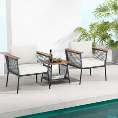 Conjunto de Muebles de Patio de 3 Piezas 2 Sillas de Ratán con Mesa de Café Tablero de Madera Acacia Cojines para Exterior Jardín Blanco
