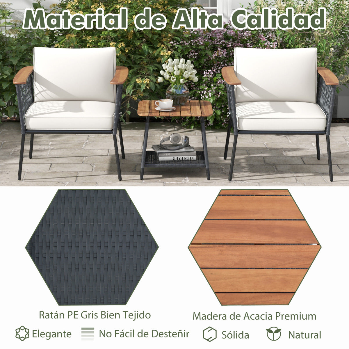 Conjunto de Muebles de Patio de 3 Piezas 2 Sillas de Ratán con Mesa de Café Tablero de Madera Acacia Cojines para Exterior Jardín Blanco