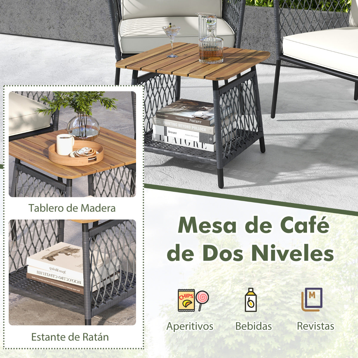 Conjunto de Muebles de Patio de 3 Piezas 2 Sillas de Ratán con Mesa de Café Tablero de Madera Acacia Cojines para Exterior Jardín Blanco