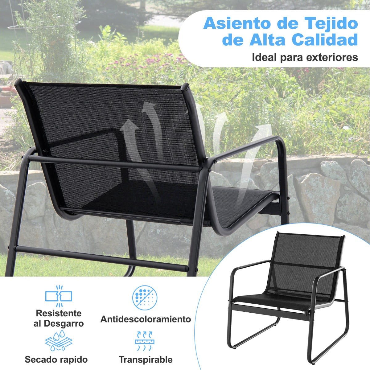 Conjunto de Sillas y Mesa de Metal al Aire Libre con Tela Transpirable y Encimera de Vidrio Negro