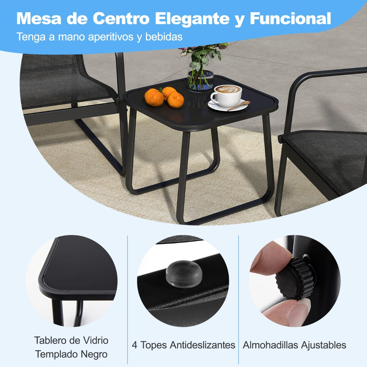 Conjunto de Sillas y Mesa de Metal al Aire Libre con Tela Transpirable y Encimera de Vidrio Negro