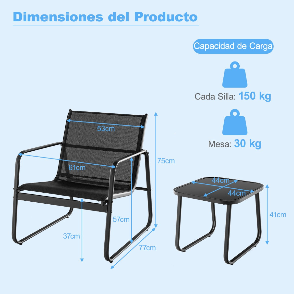 Conjunto de Sillas y Mesa de Metal al Aire Libre con Tela Transpirable y Encimera de Vidrio Negro