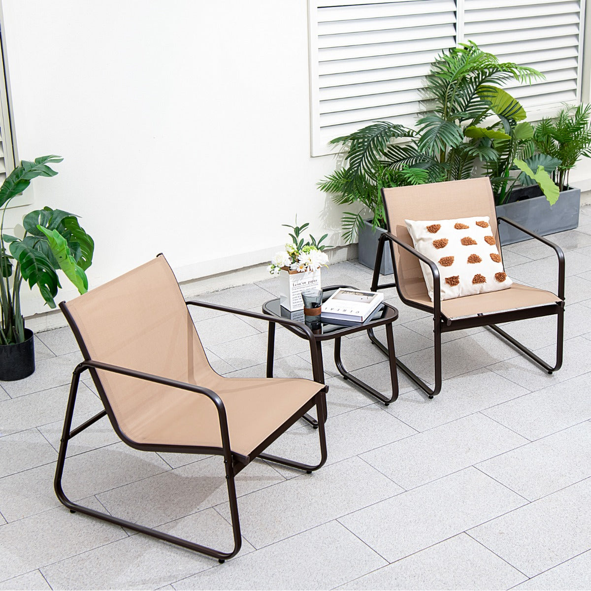 Conjunto de Sillas y Mesa de Metal al Aire Libre con Tela Transpirable y Encimera de Vidrio Marrón