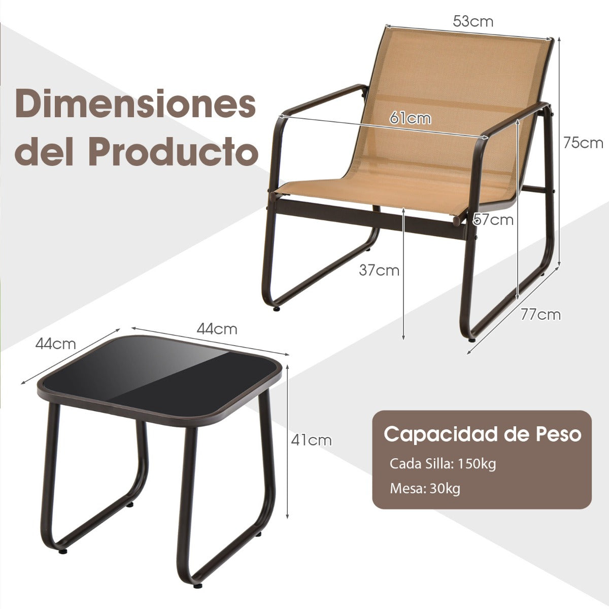 Conjunto de Sillas y Mesa de Metal al Aire Libre con Tela Transpirable y Encimera de Vidrio Marrón