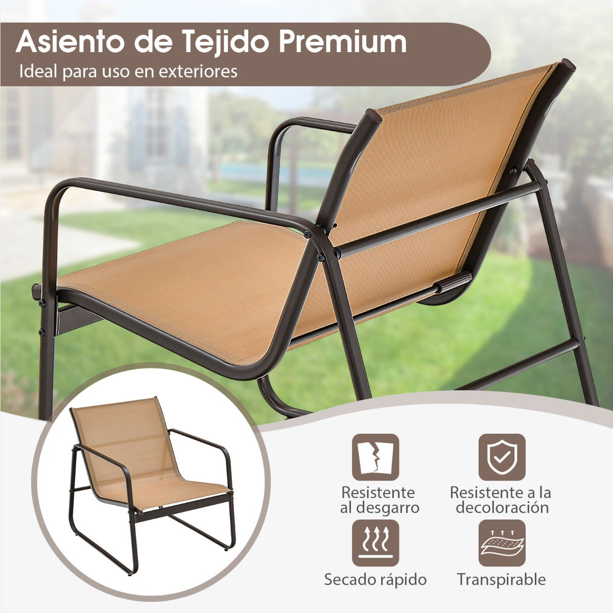 Conjunto de Sillas y Mesa de Metal al Aire Libre con Tela Transpirable y Encimera de Vidrio Marrón