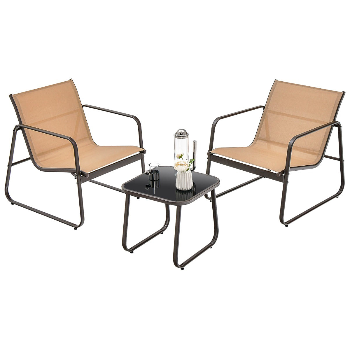Conjunto de Sillas y Mesa de Metal al Aire Libre con Tela Transpirable y Encimera de Vidrio Marrón
