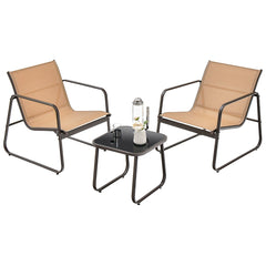Conjunto de Sillas y Mesa de Metal al Aire Libre con Tela Transpirable y Encimera de Vidrio Marrón