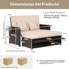 Conjunto de Tumbona de Ratán de 2 Plazas con Otomana Multipropósito Bandeja Lateral Retráctil Respaldo Ajustable de 4 Niveles Marrón