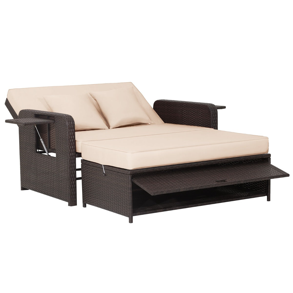 Conjunto de Tumbona de Ratán de 2 Plazas con Otomana Multipropósito Bandeja Lateral Retráctil Respaldo Ajustable de 4 Niveles Marrón