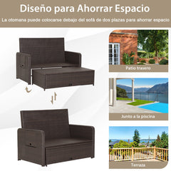 Conjunto de Tumbona de Ratán de 2 Plazas con Otomana Multipropósito Bandeja Lateral Retráctil Respaldo Ajustable de 4 Niveles Marrón