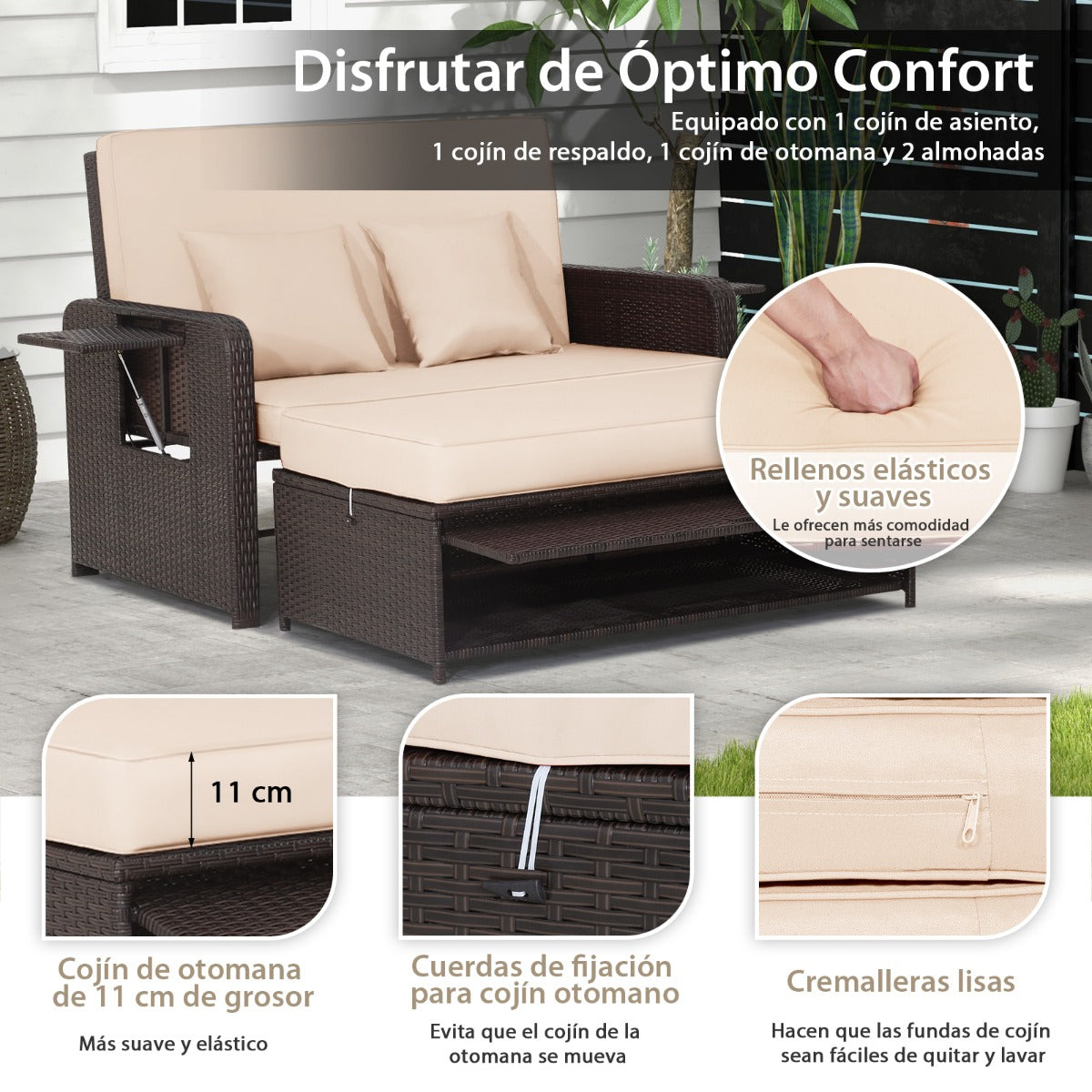 Conjunto de Tumbona de Ratán de 2 Plazas con Otomana Multipropósito Bandeja Lateral Retráctil Respaldo Ajustable de 4 Niveles Marrón