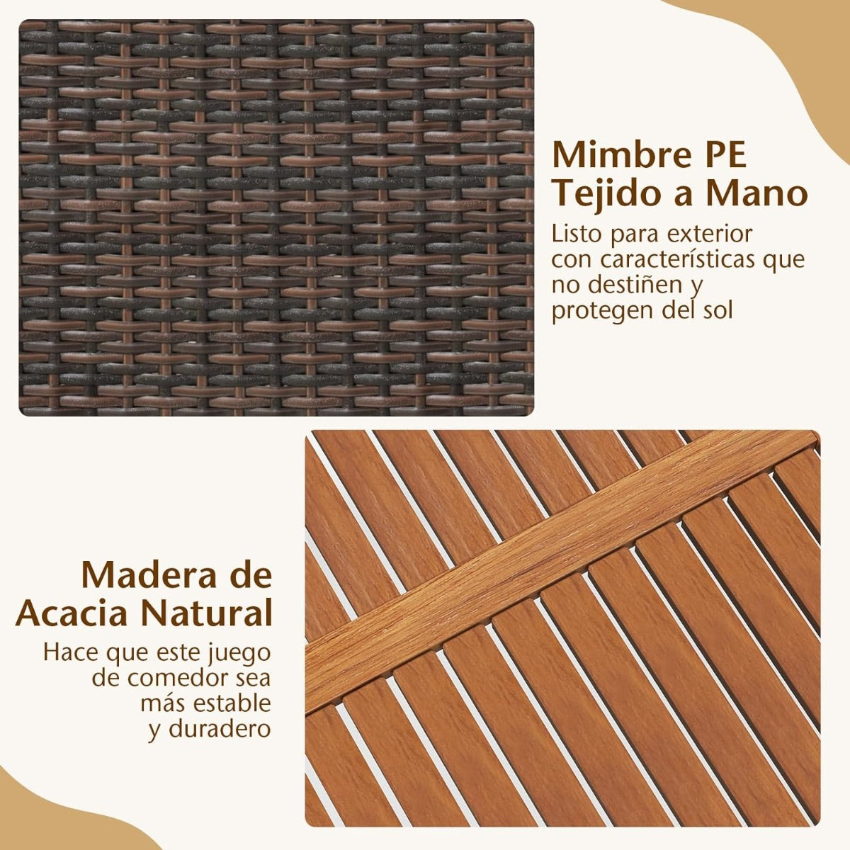 Conjunto Muebles de Jardín de 7 Piezas de Acacia y Ratán con Mesa Rectangular 6 Sillas Cojines Extraíbles para Patio y Piscina Marrón