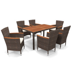 Conjunto Muebles de Jardín de 7 Piezas de Acacia y Ratán con Mesa Rectangular 6 Sillas Cojines Extraíbles para Patio y Piscina Marrón