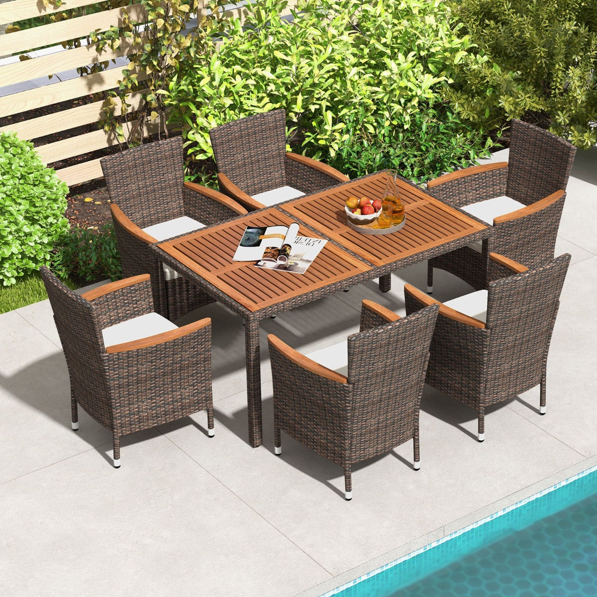 Conjunto Muebles de Jardín de 7 Piezas de Acacia y Ratán con Mesa Rectangular 6 Sillas Cojines Extraíbles para Patio y Piscina Marrón