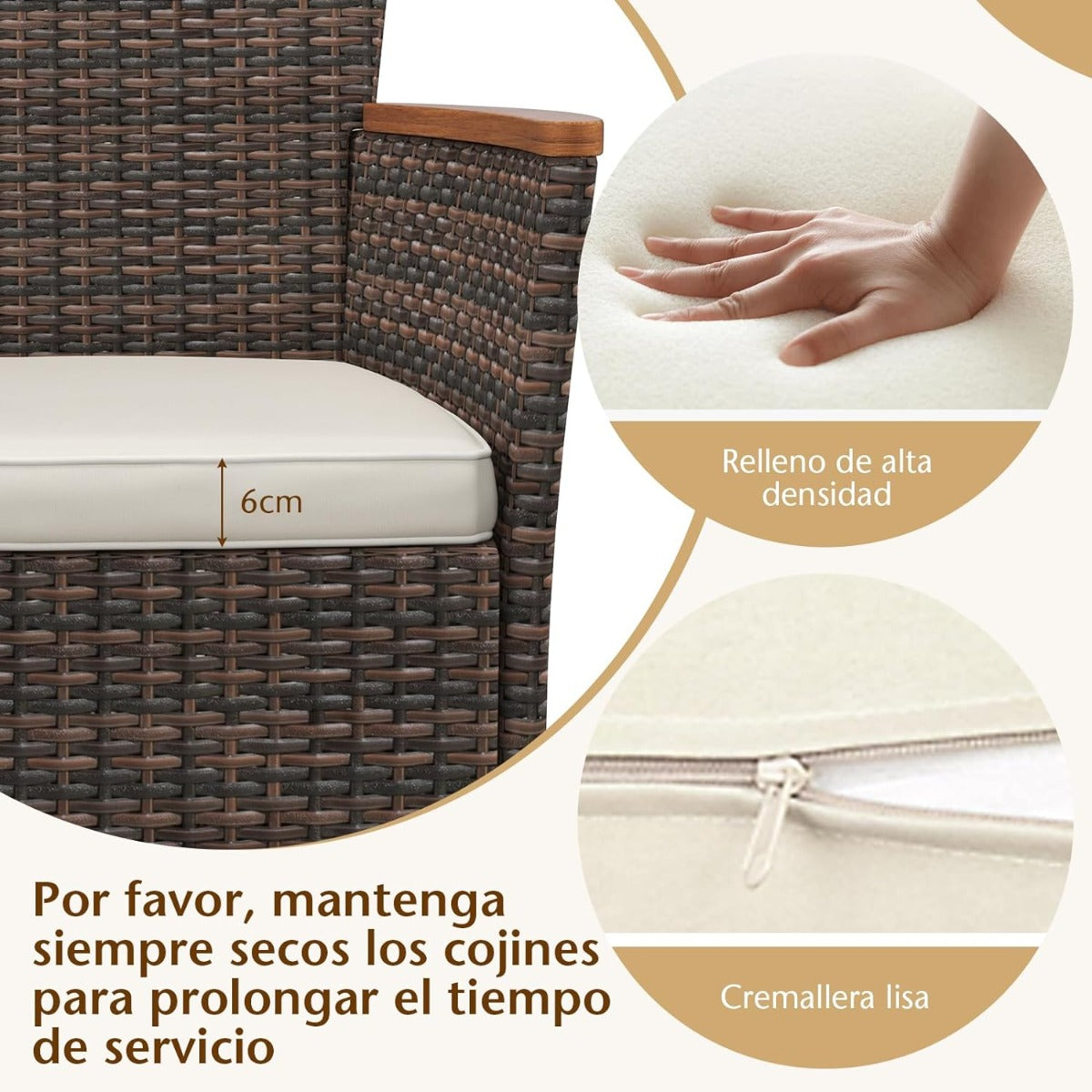 Conjunto Muebles de Jardín de 7 Piezas de Acacia y Ratán con Mesa Rectangular 6 Sillas Cojines Extraíbles para Patio y Piscina Marrón