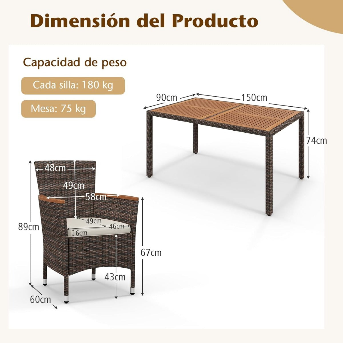 Conjunto Muebles de Jardín de 7 Piezas de Acacia y Ratán con Mesa Rectangular 6 Sillas Cojines Extraíbles para Patio y Piscina Marrón