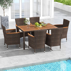Conjunto Muebles de Jardín de 7 Piezas de Acacia y Ratán con Mesa Rectangular 6 Sillas Cojines Extraíbles para Patio y Piscina Marrón