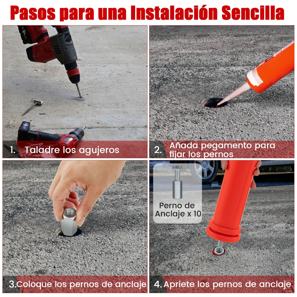 Lote de 10 Poste de Seguridad Postes de Limitadores de Tráfico Conos de Barrera de TPR de 65,5 cm con Accesorios de Instalación Rojo