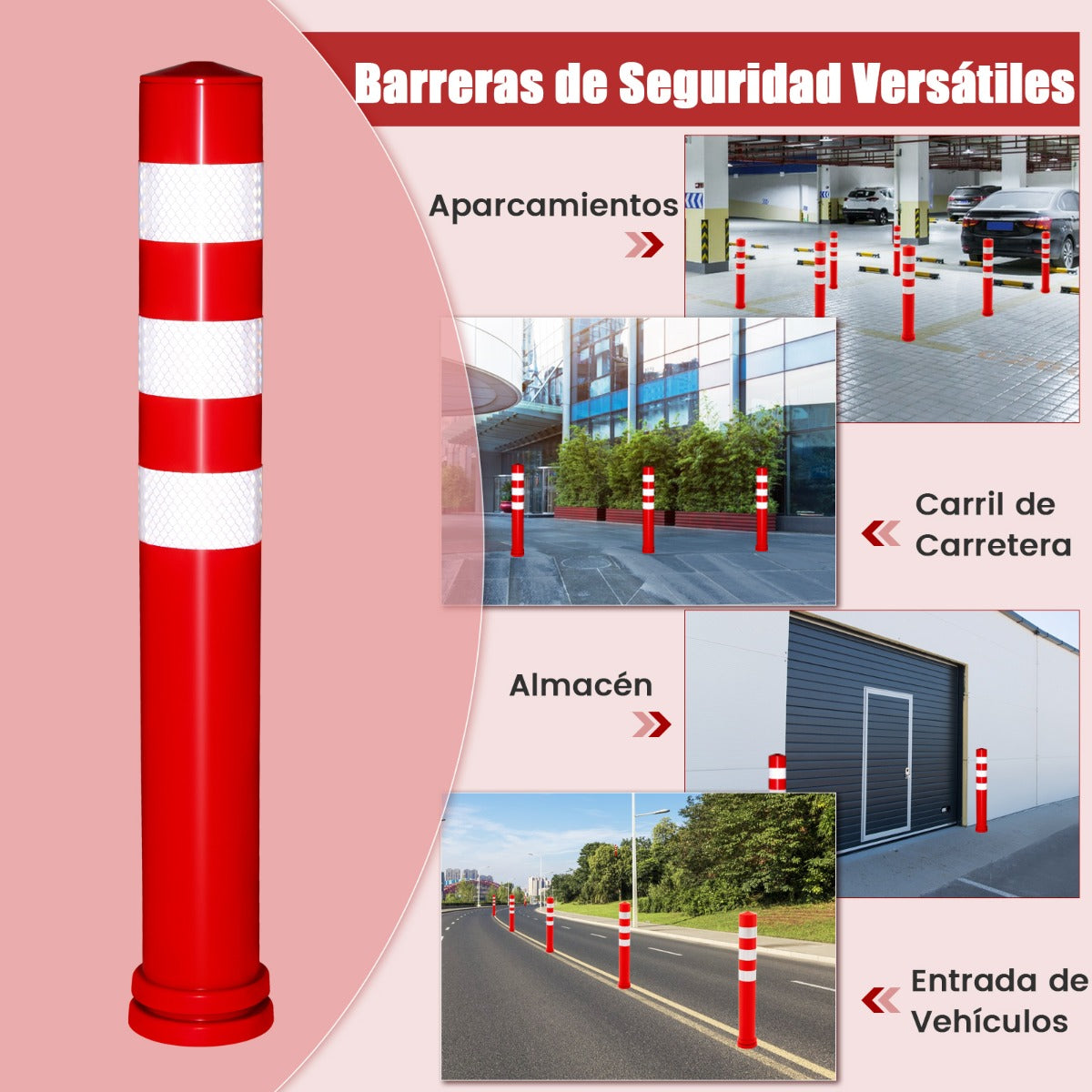 Lote de 10 Poste de Seguridad Postes de Limitadores de Tráfico Conos de Barrera de TPR de 65,5 cm con Accesorios de Instalación Rojo