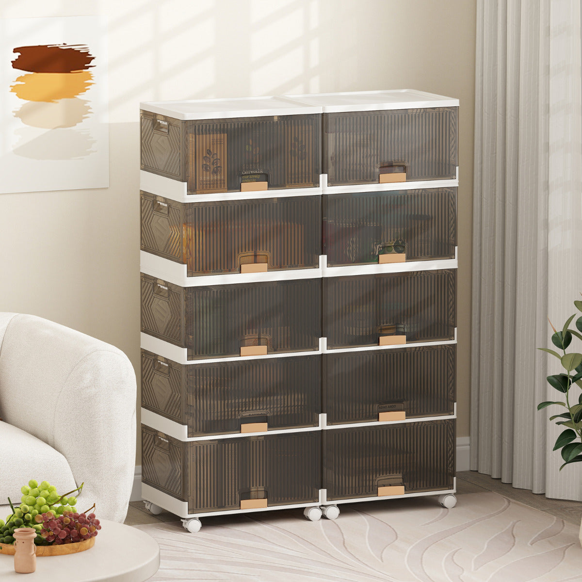 Contenedor de 5 Cubos de Almacenamiento Apilable Caja de Zapatos Plegable con Ruedas Organizador Multifuncional con Puertas Abatibles