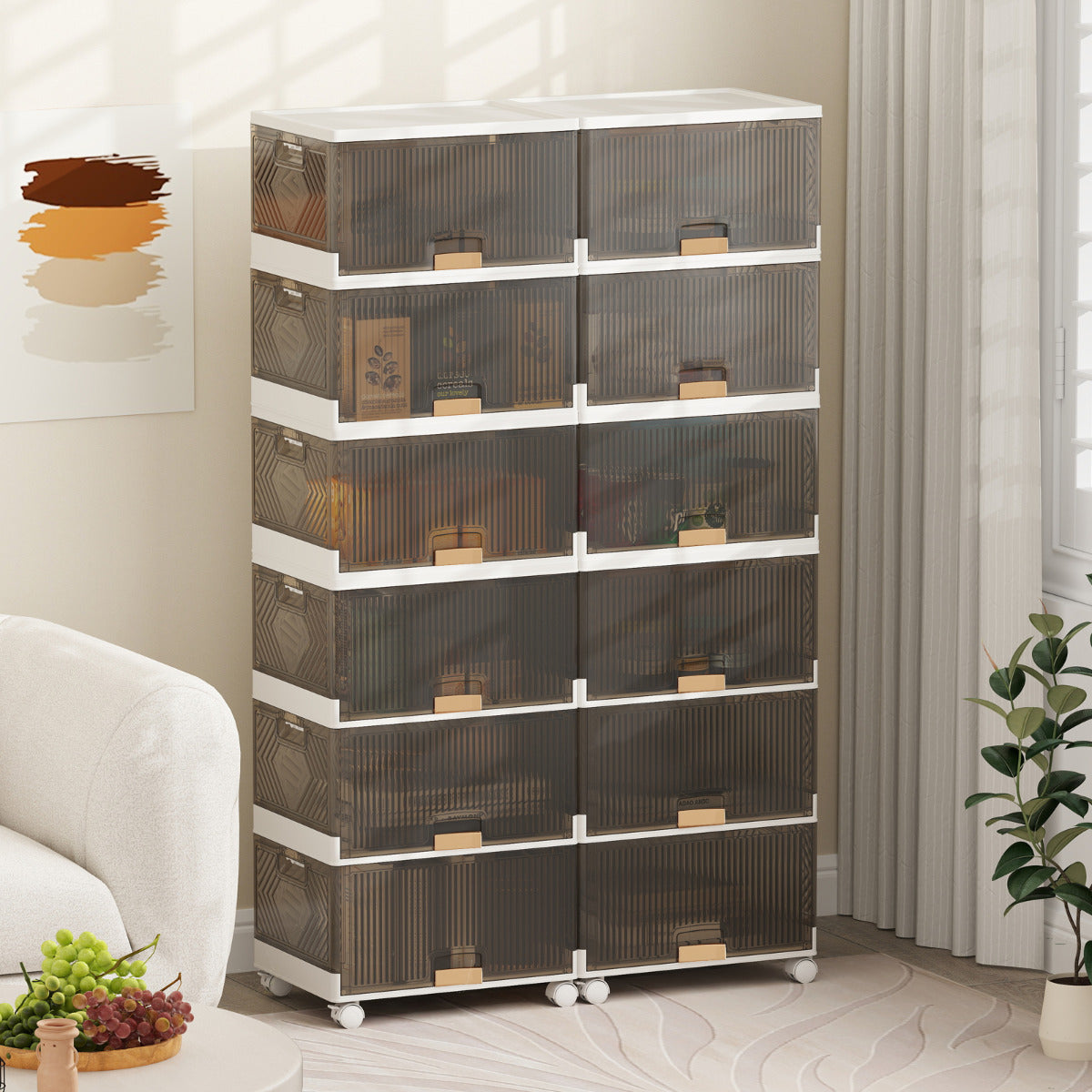 Contenedor de 6 Cubos de Almacenamiento Apilable Caja de Zapatos Plegable con Ruedas Organizador Multifuncional con Puertas Abatibles