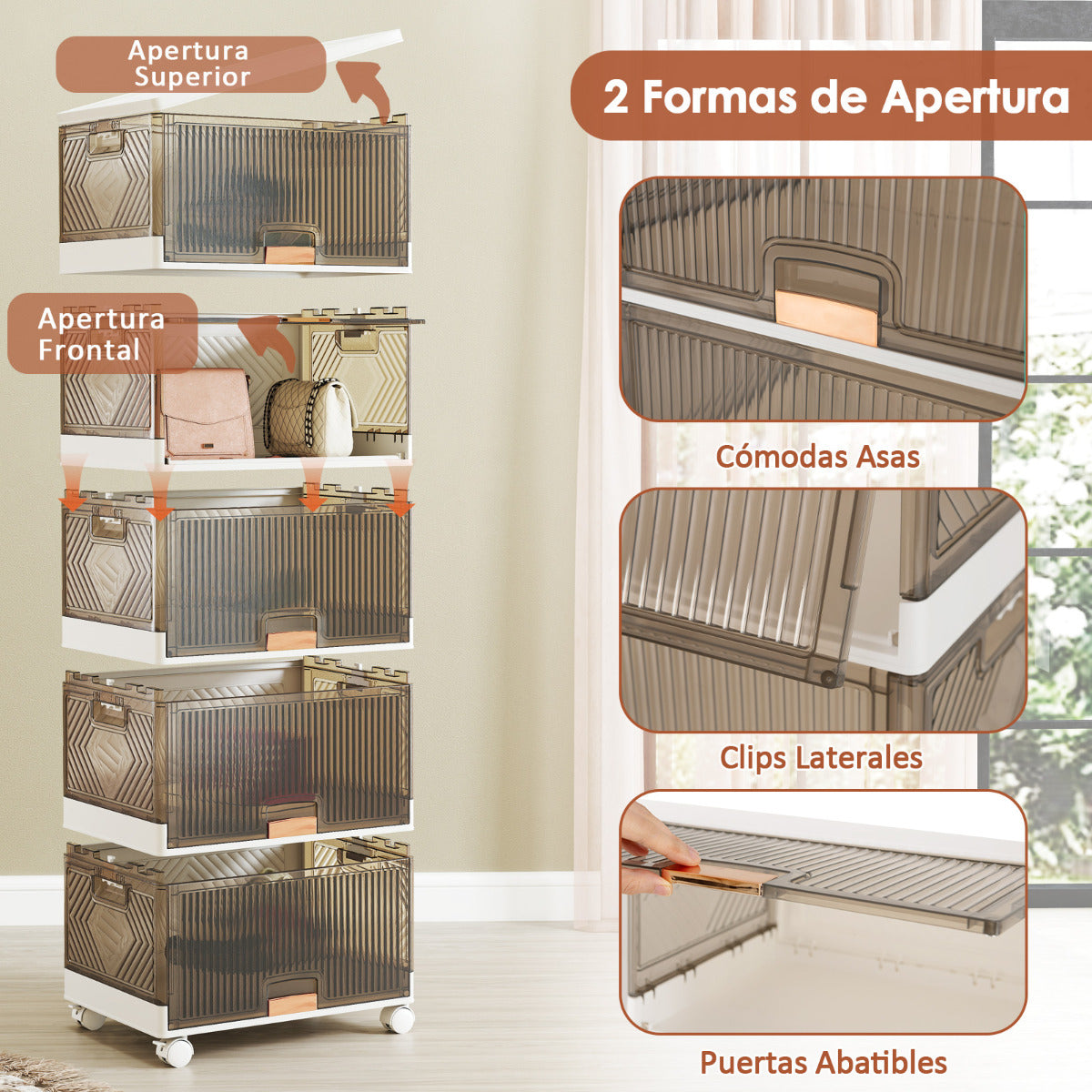 Contenedor de 6 Cubos de Almacenamiento Apilable Caja de Zapatos Plegable con Ruedas Organizador Multifuncional con Puertas Abatibles