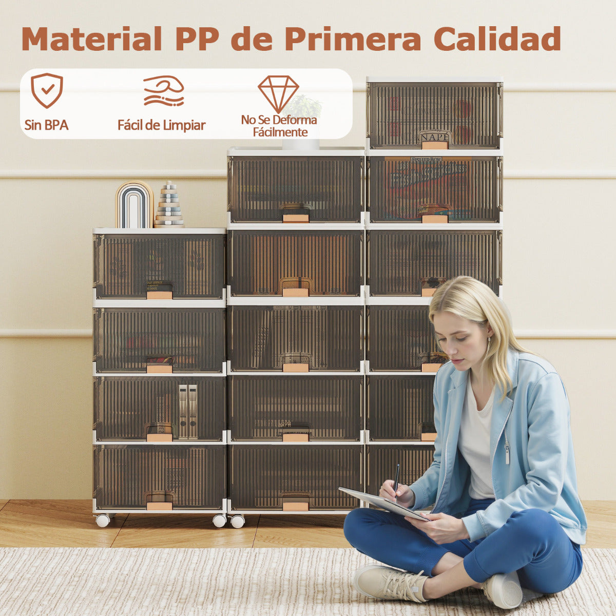 Contenedor de 6 Cubos de Almacenamiento Apilable Caja de Zapatos Plegable con Ruedas Organizador Multifuncional con Puertas Abatibles