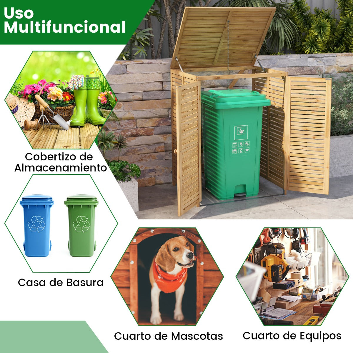 Cobertizo de Basura de Madera de 120 L Contenedor de Desechos para Exteriores con Tapa Abatible Puertas Dobles para Jardín Patio Natural