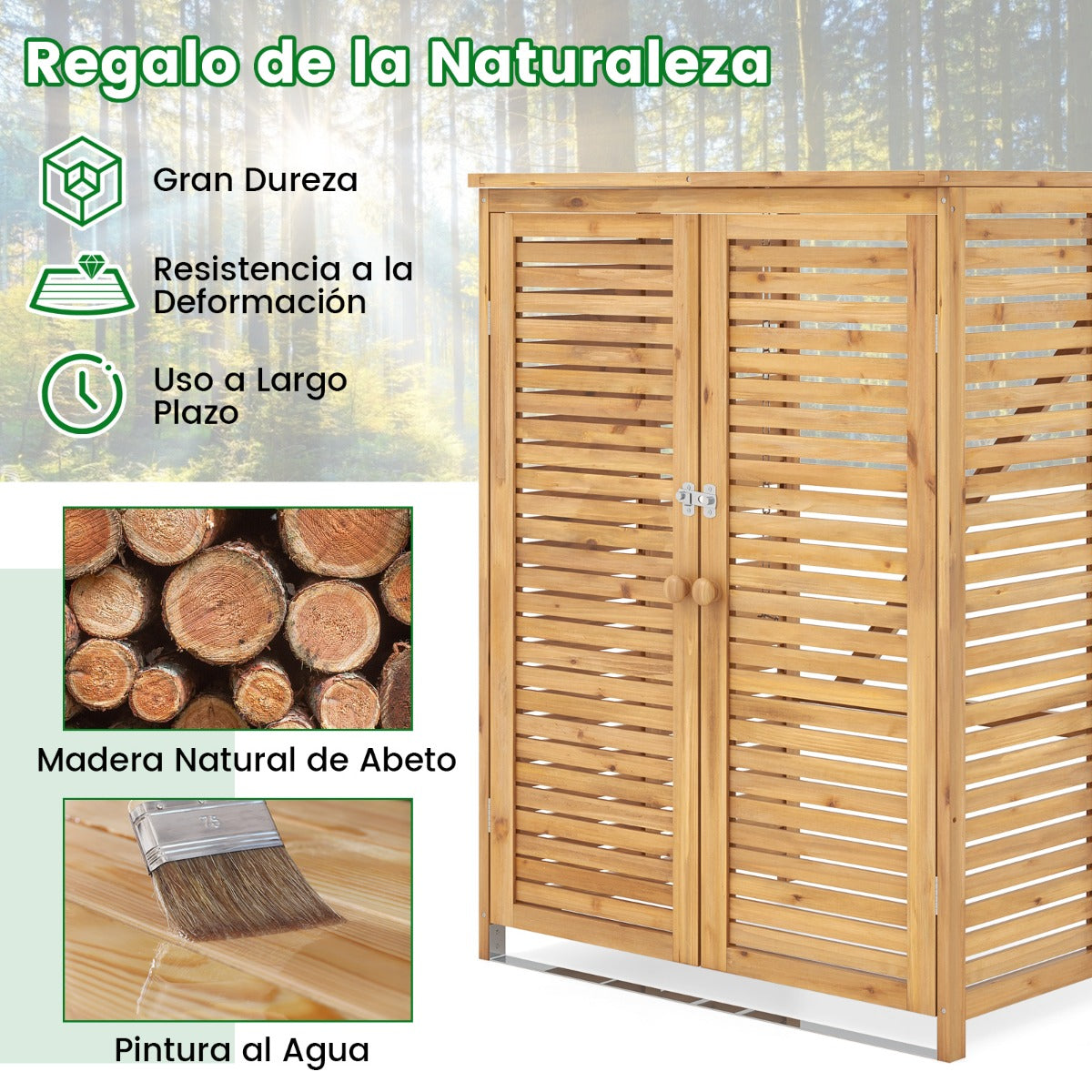 Cobertizo de Basura de Madera de 120 L Contenedor de Desechos para Exteriores con Tapa Abatible Puertas Dobles para Jardín Patio Natural