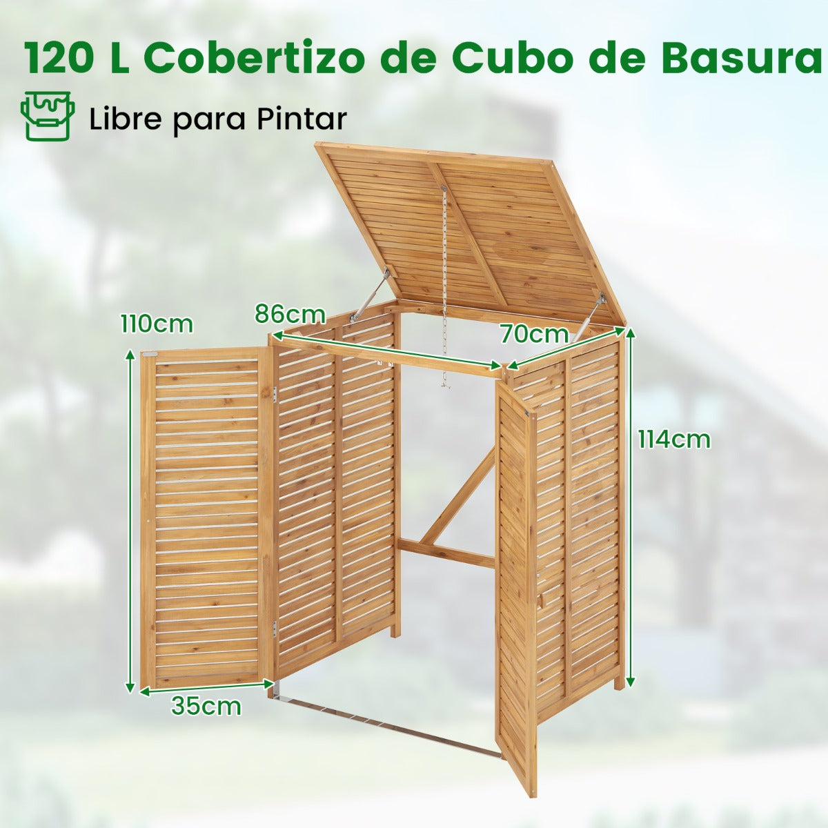Cobertizo de Basura de Madera de 120 L Contenedor de Desechos para Exteriores con Tapa Abatible Puertas Dobles para Jardín Patio Natural