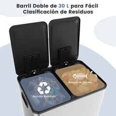 Contenedor de Basura con 2 Compartimentos de 30L Tapas de Cierre Suave Cubos Internos de Plástico Plata