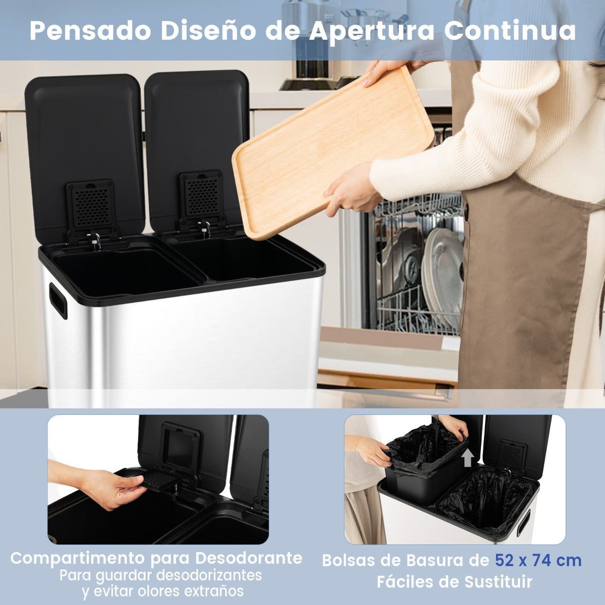 Contenedor de Basura con 2 Compartimentos de 30L Tapas de Cierre Suave Cubos Internos de Plástico Plata