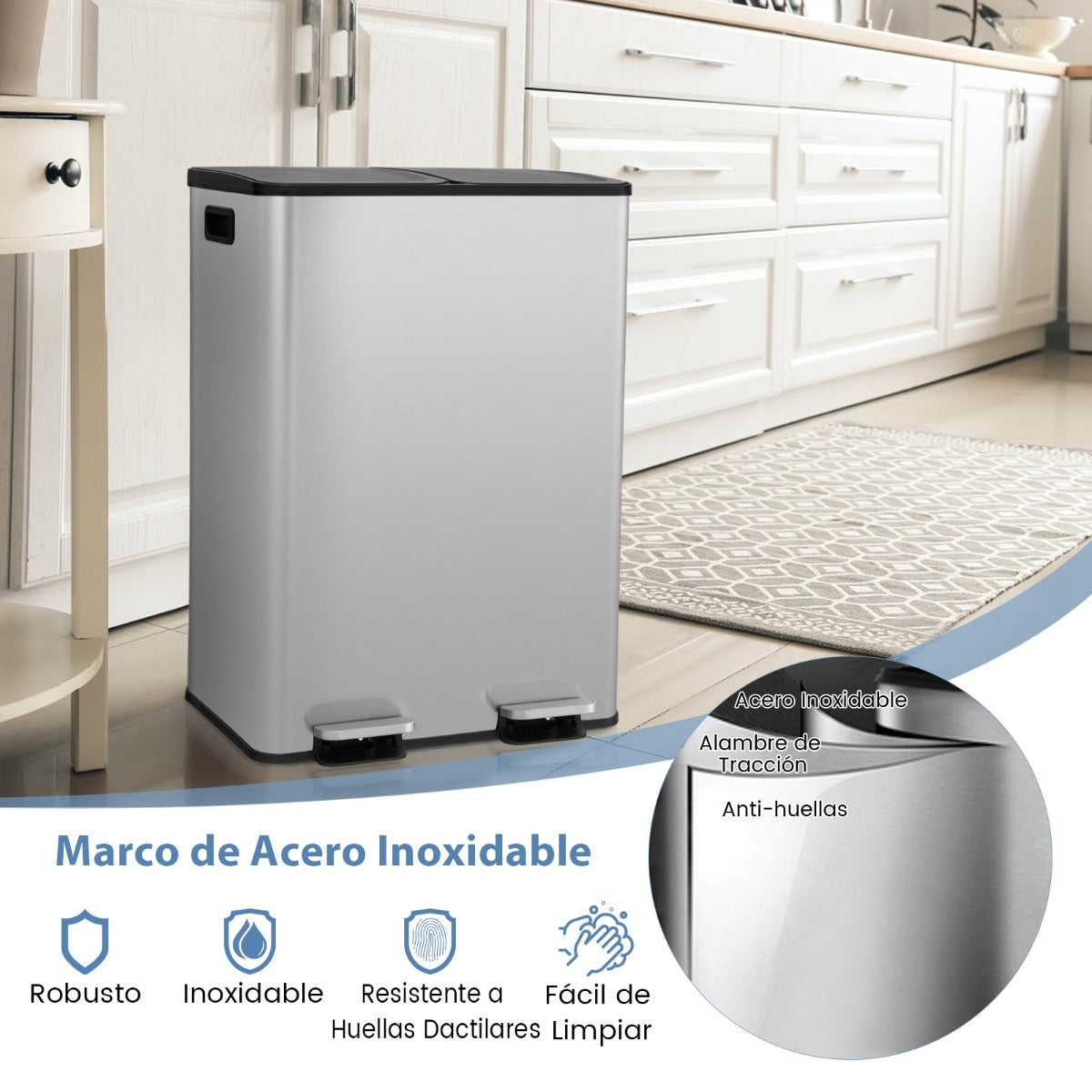 Contenedor de Basura con 2 Compartimentos de 30L Tapas de Cierre Suave Cubos Internos de Plástico Plata