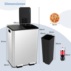 Contenedor de Basura con 2 Compartimentos de 30L Tapas de Cierre Suave Cubos Internos de Plástico Plata