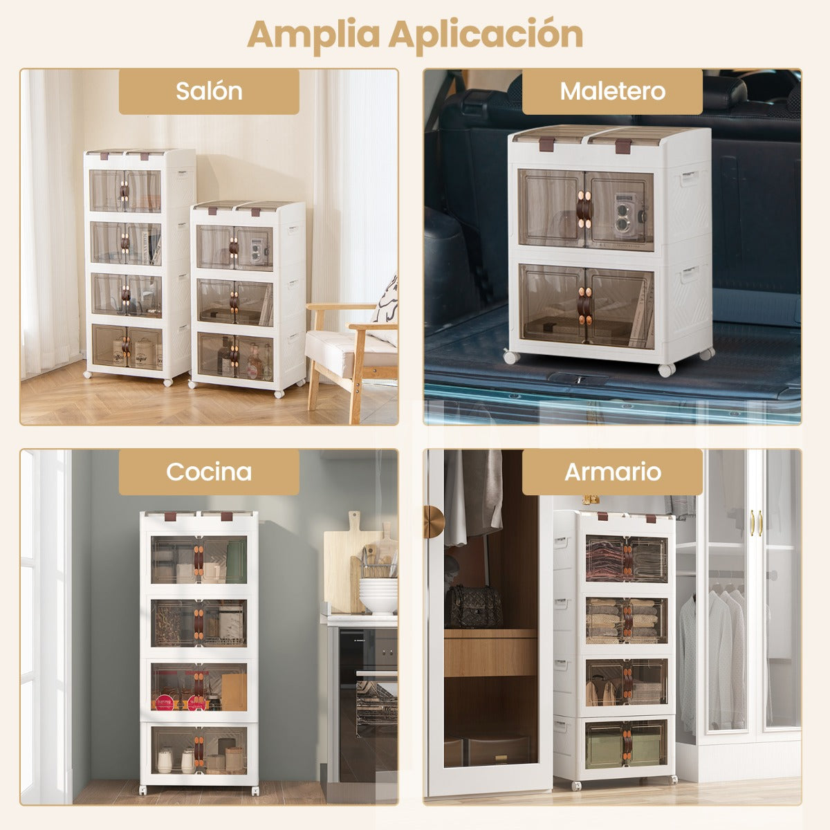 4 Contenedores de Almacenamiento de Plástico Apilables Plegables con Ruedas Tapas y Magnéticas de Apertura Organizador Armario Blanco
