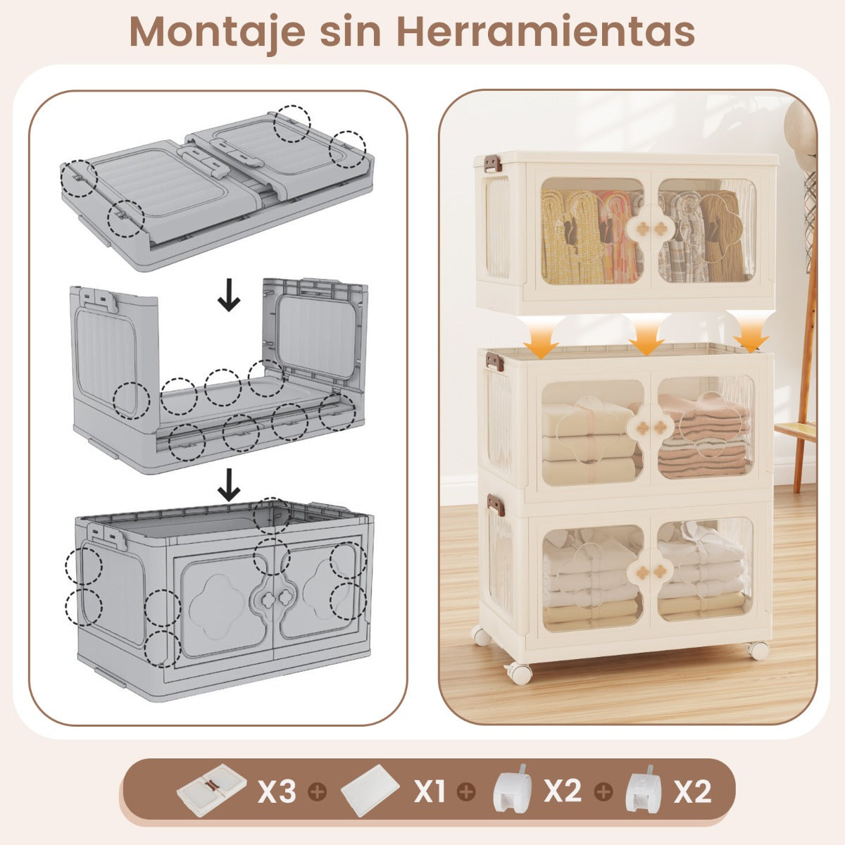 Contenedores Apilables 159/212/265L con Tapa Ruedas Organizador Plegable con Puertas Transparentes-3 Niveles