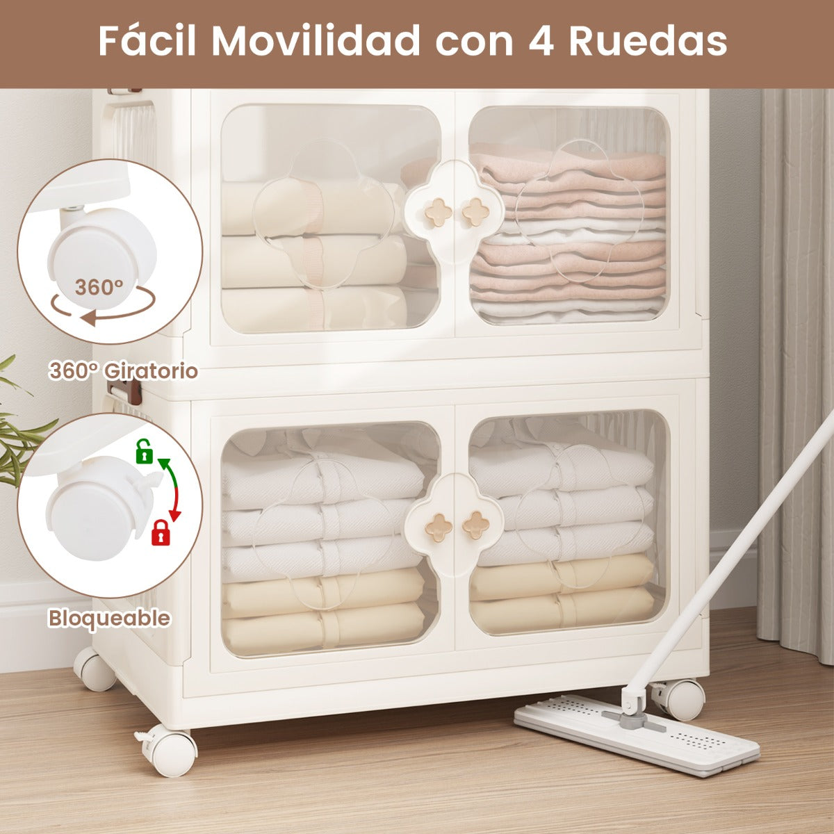 Contenedores Apilables 159/212/265L con Tapa Ruedas Organizador Plegable con Puertas Transparentes-3 Niveles