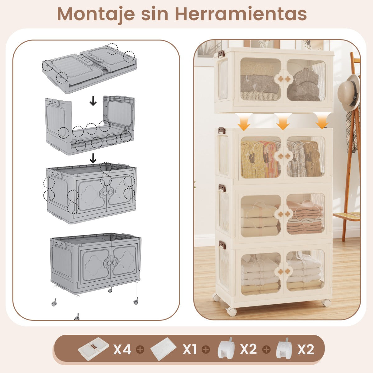 Contenedores Apilables 159/212/265L con Tapa Ruedas Organizador Plegable con Puertas Transparentes-4 Niveles